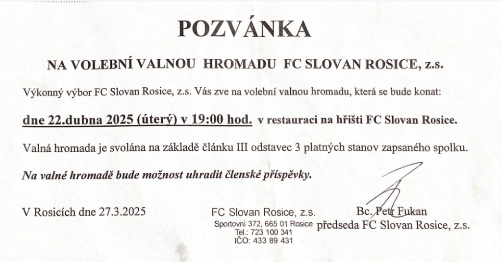 ℹ️ Výkonný výbor FC Slovan Rosice, z.s. zve na volební valnou&nbsp;hromadu.